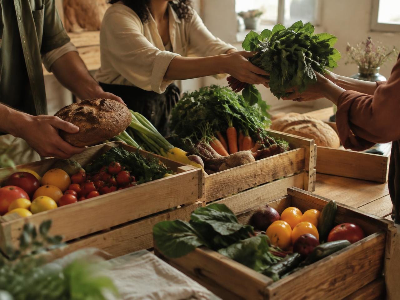 Mãos compartilhando alimentos frescos em caixotes de madeira